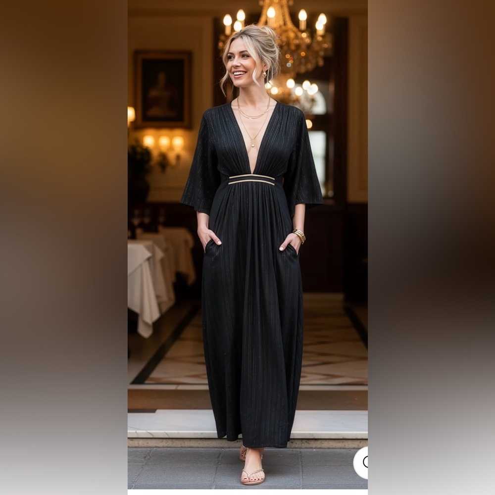 Everyday Ritual “coco” caftan. 
0/S
Black lurex goddess stripe